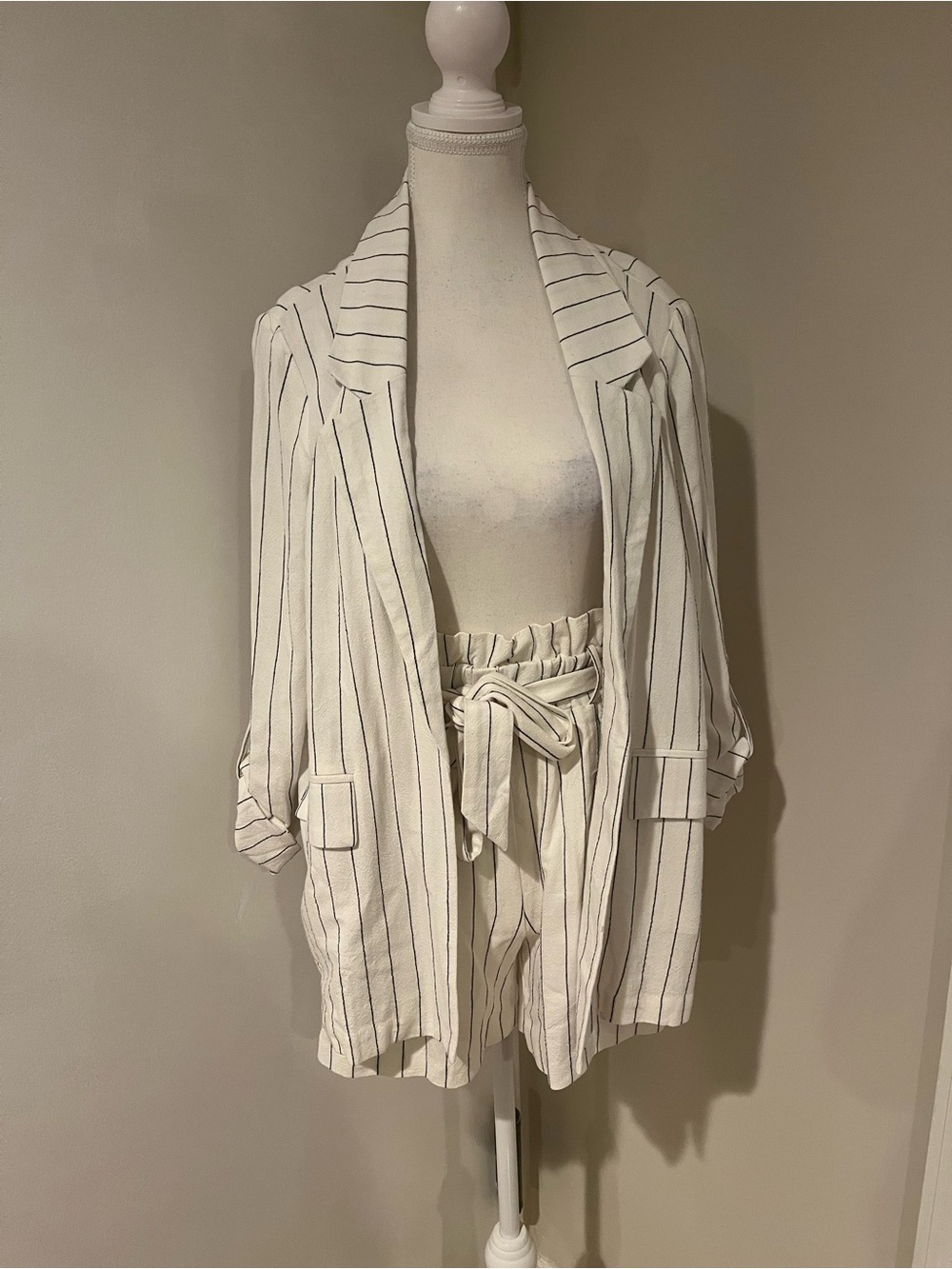 White / Cream Pinstripe Relaxed Cotton Blazer Shorts Set
